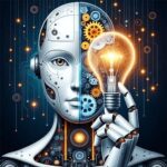 Robot futuristik dengan lampu teknologi biru menyala di tubuhnya, menggambarkan kecanggihan kecerdasan buatan modern