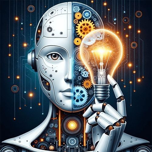 Robot futuristik dengan lampu teknologi biru menyala di tubuhnya, menggambarkan kecanggihan kecerdasan buatan modern