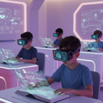 Pelajar menggunakan headset virtual reality untuk belajar dengan layar digital interaktif di ruang kelas futuristik