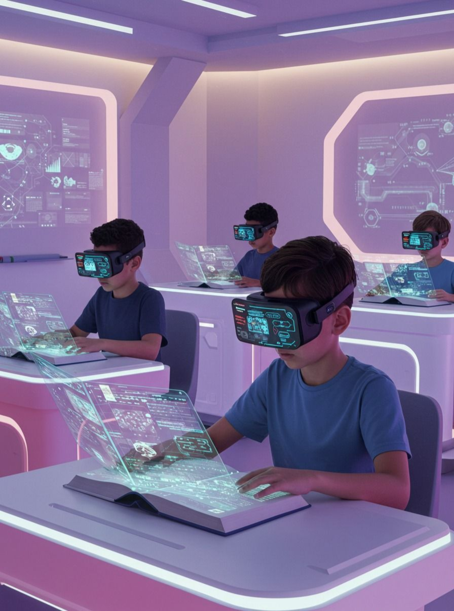 Pelajar menggunakan headset virtual reality untuk belajar dengan layar digital interaktif di ruang kelas futuristik
