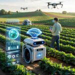 petani menggunakan tablet dengan bantuan robot dan drone untuk mengelola pertanian cerdas berbasis teknologi AI