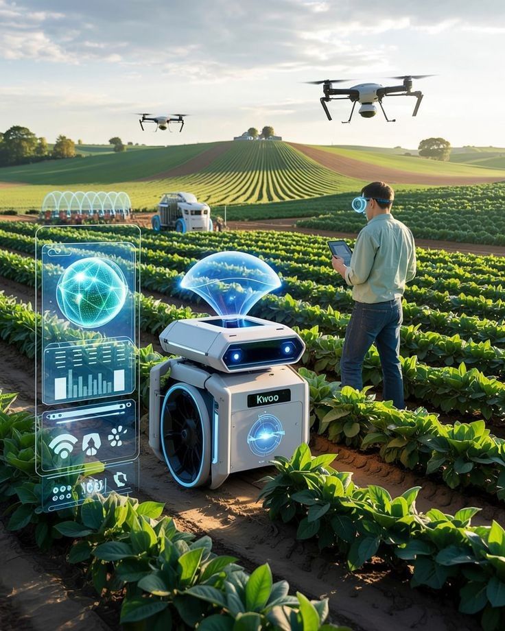 petani menggunakan tablet dengan bantuan robot dan drone untuk mengelola pertanian cerdas berbasis teknologi AI
